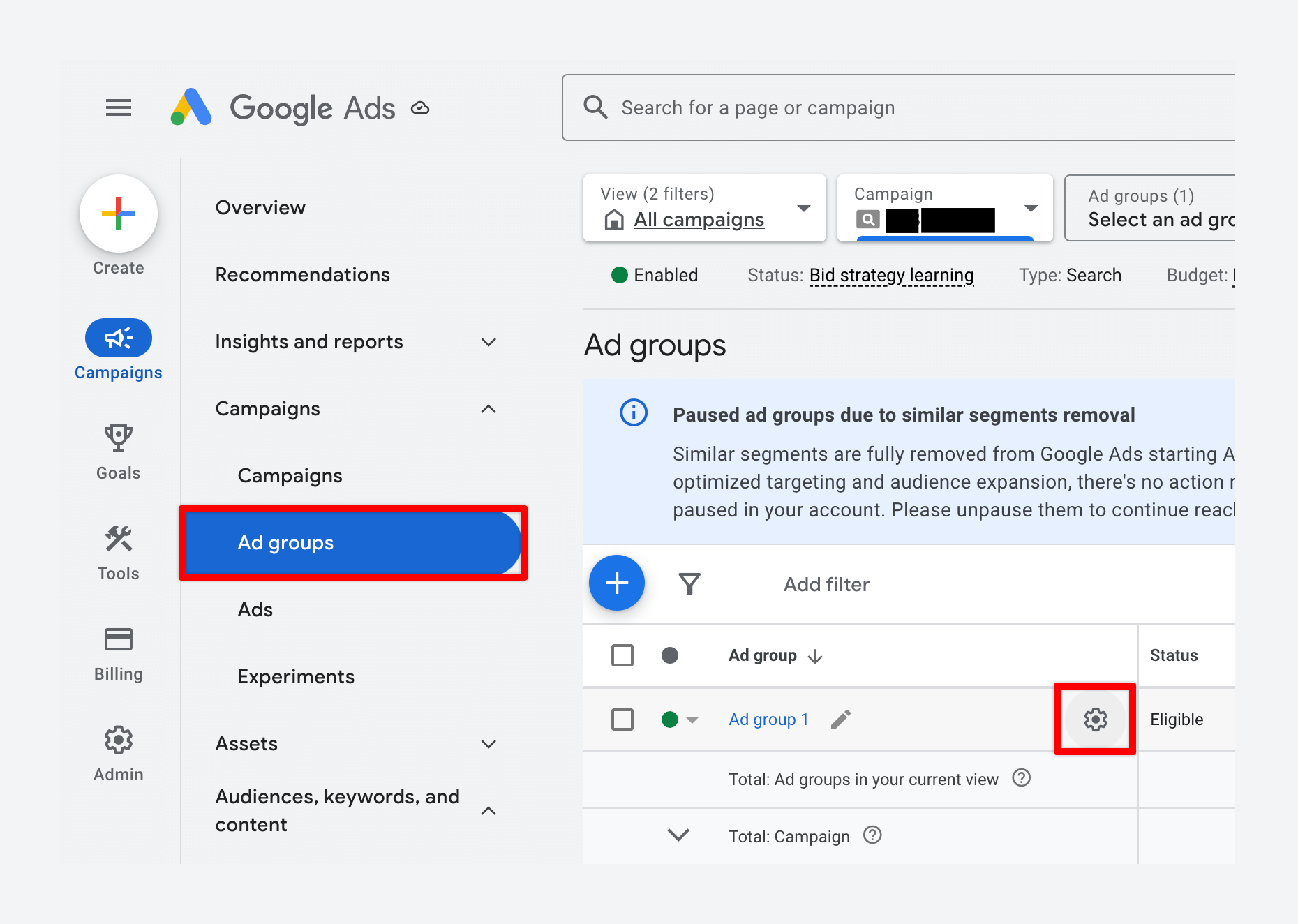 Google Ads account settings navigation with Campaign URL options highlighted