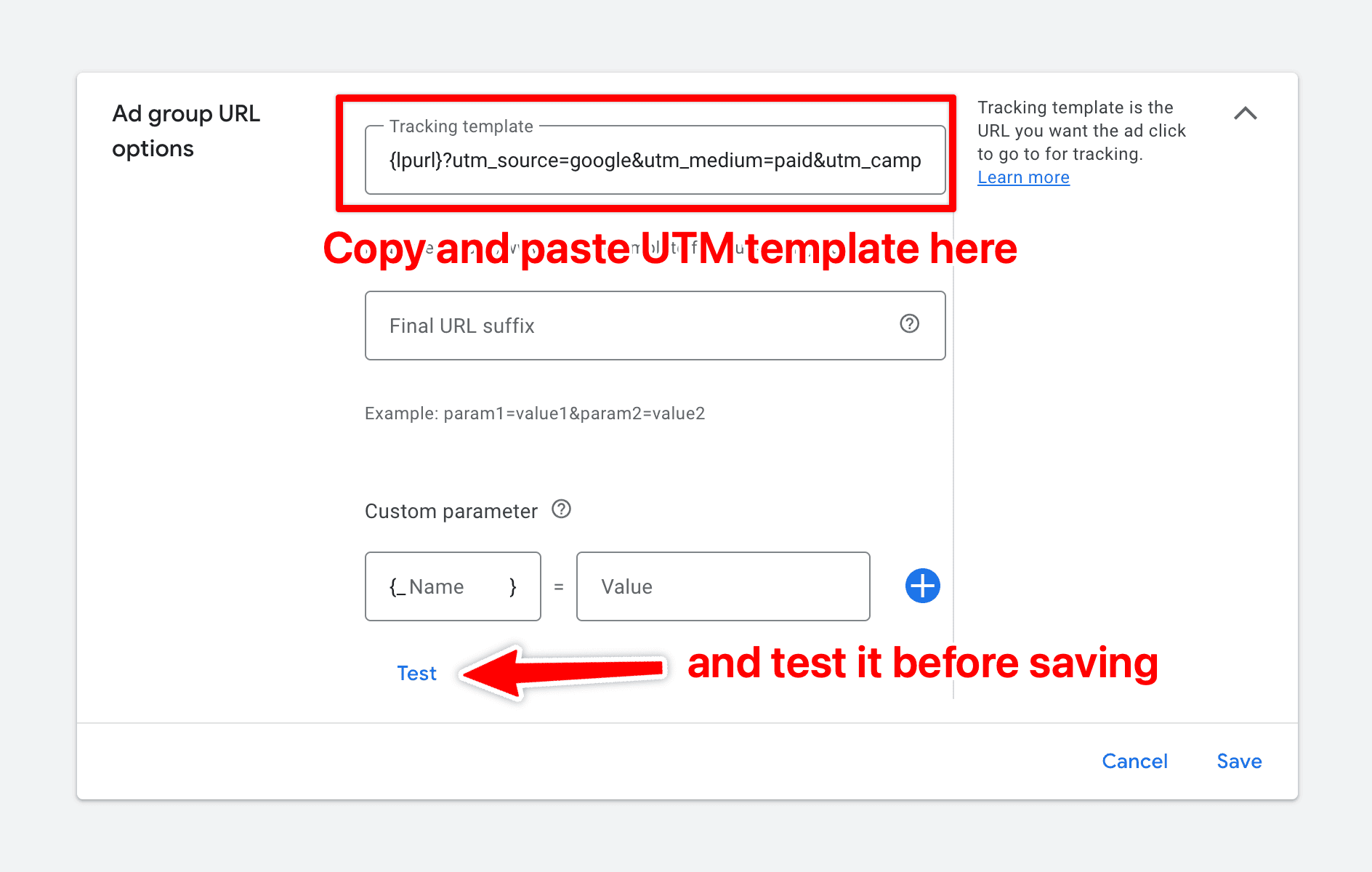 Google Ads tracking template field with UTM parameters